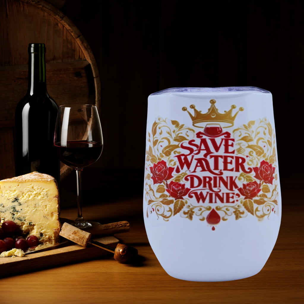 'Save Water, Drink Wine 12 0z Wine Tumbler' Stainless Steel Cup with Lid, Metal Straw, & Brush