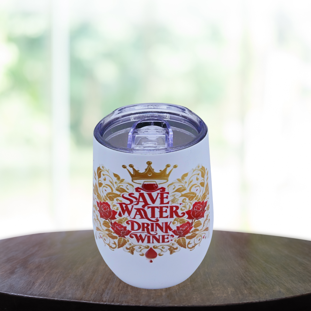 'Save Water, Drink Wine 12 0z Wine Tumbler' Stainless Steel Cup with Lid, Metal Straw, & Brush