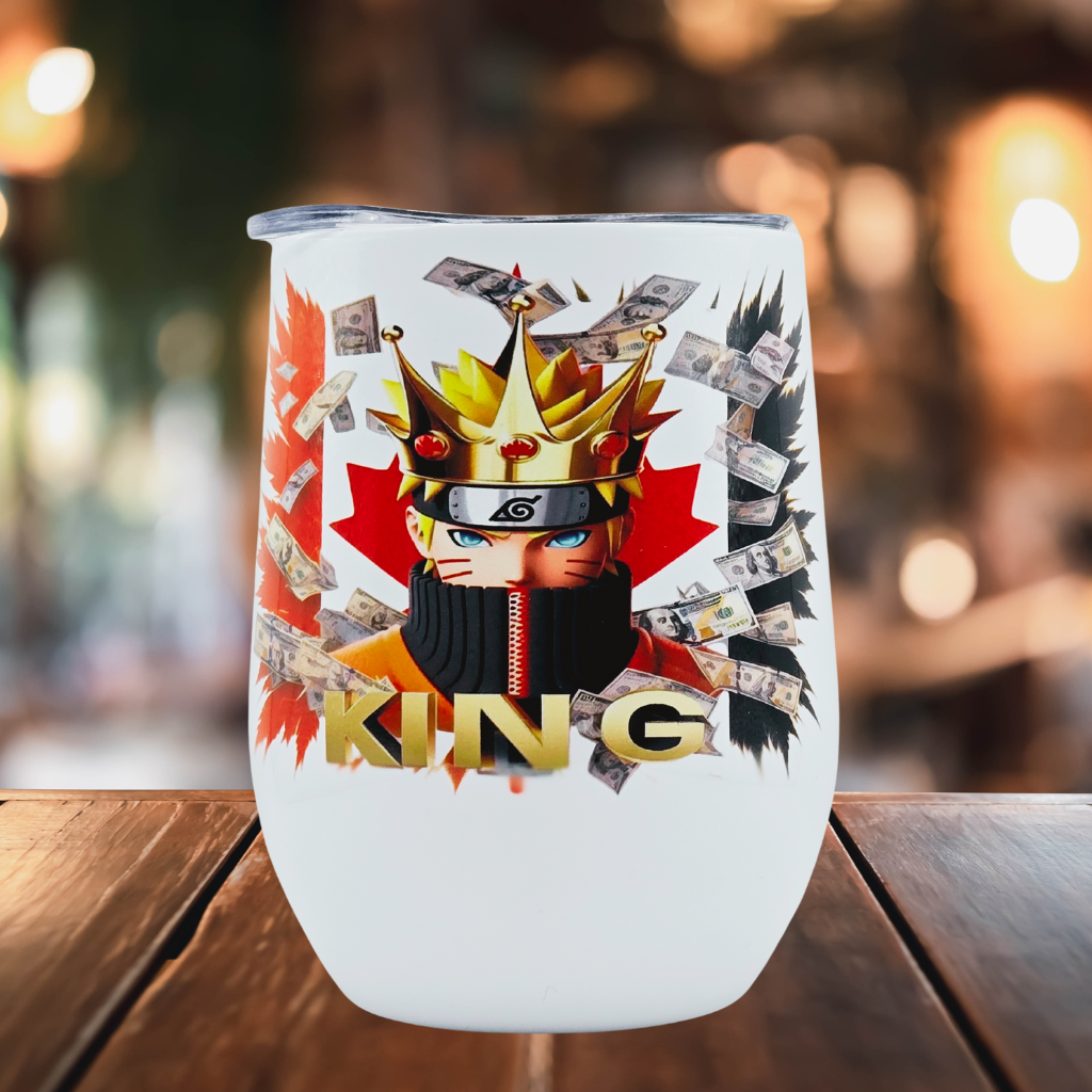 Naruto 12 0z Wine Tumbler with Canadian Flag background. Stainless Steel Cup with Lid, Metal Straw, & Brush