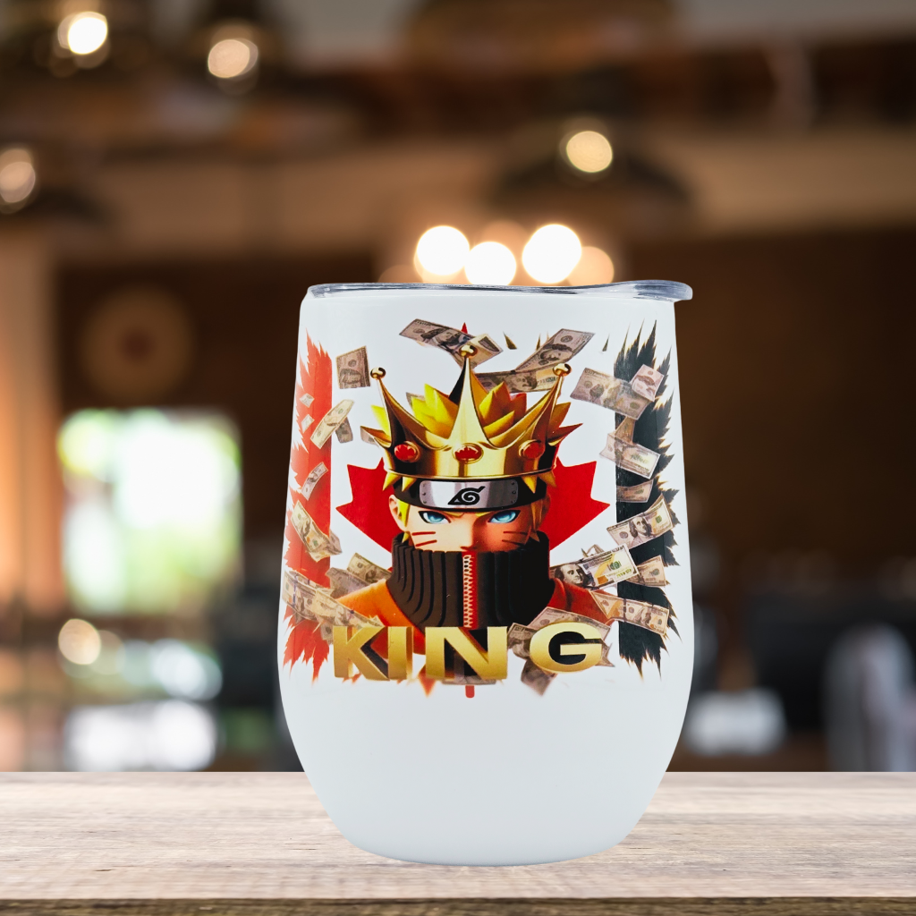 Naruto 12 0z Wine Tumbler with Canadian Flag background. Stainless Steel Cup with Lid, Metal Straw, & Brush