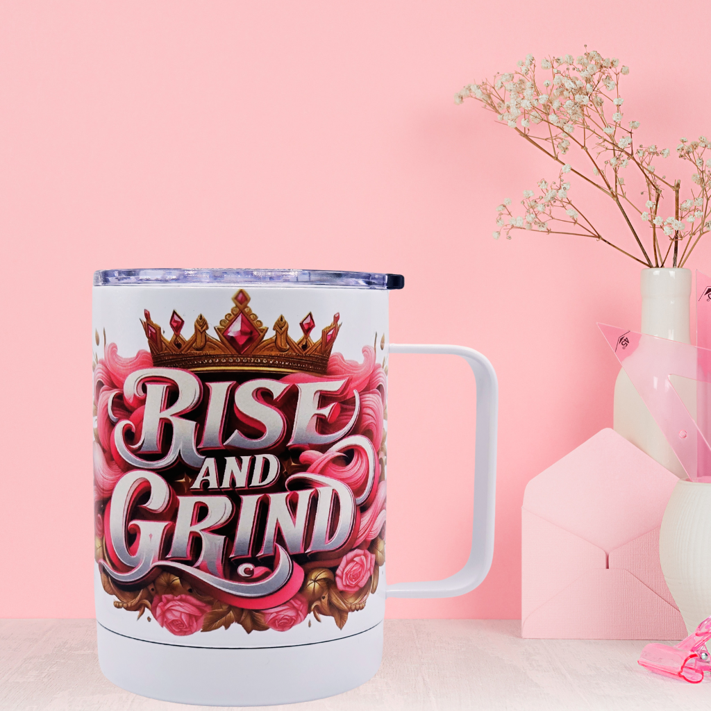 "Rise and Grind" Pink  12 oz coffee mug