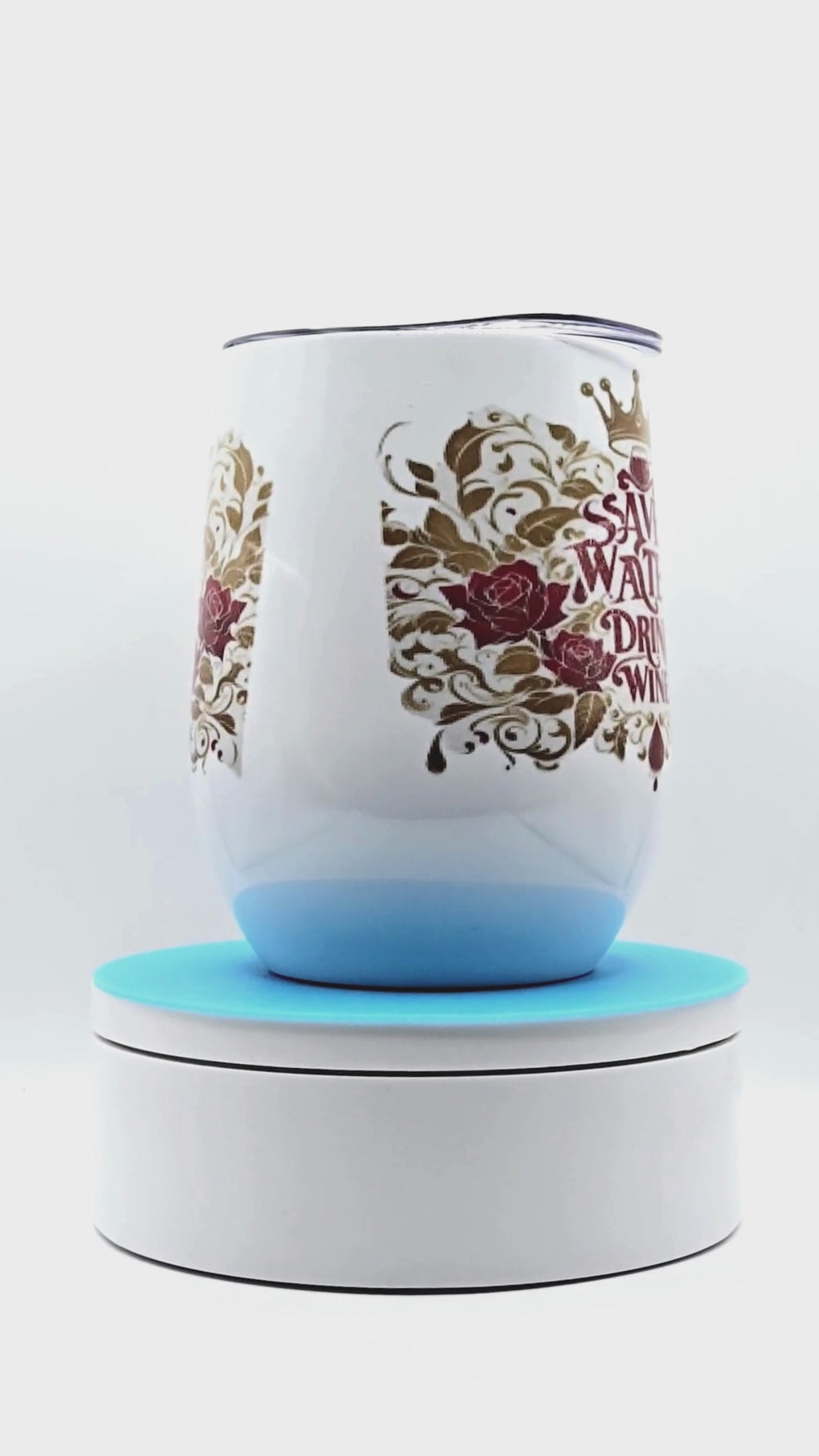'Save Water, Drink Wine 12 0z Wine Tumbler' Stainless Steel Cup with Lid, Metal Straw, & Brush