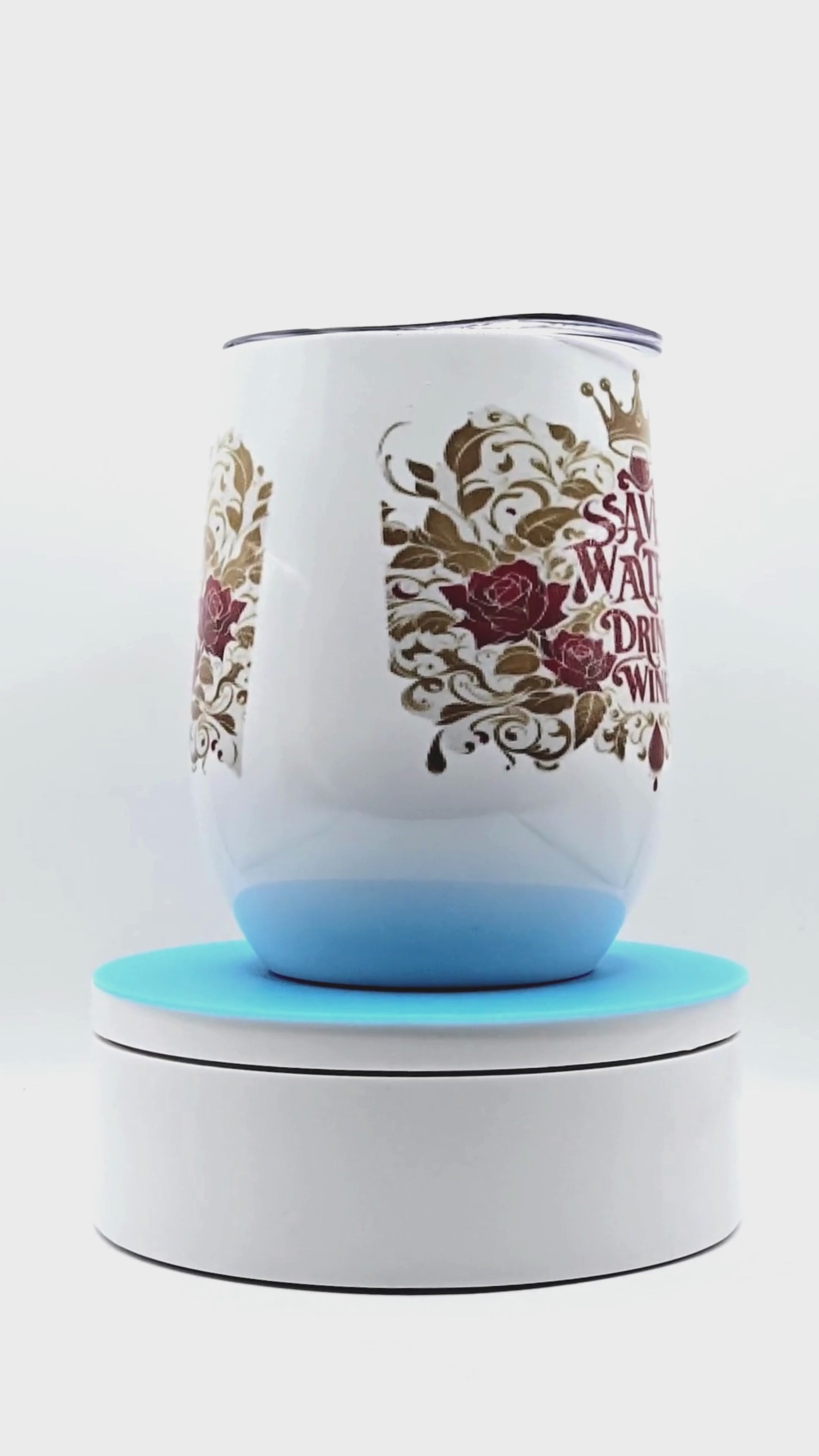 'Save Water, Drink Wine 12 0z Wine Tumbler' Stainless Steel Cup with Lid, Metal Straw, & Brush
