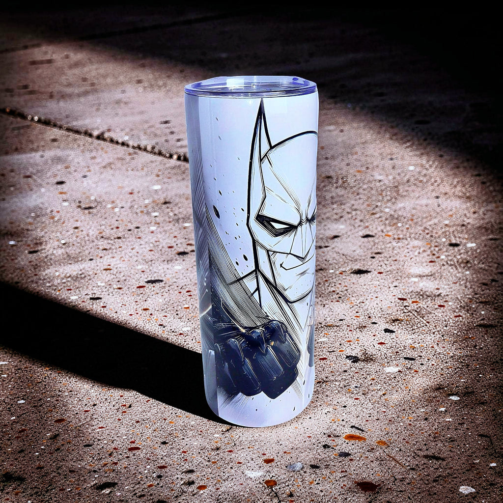 Shadow Vigilante – Monochrome Hero 20oz Skinny Tumbler | Dark Comic Style |