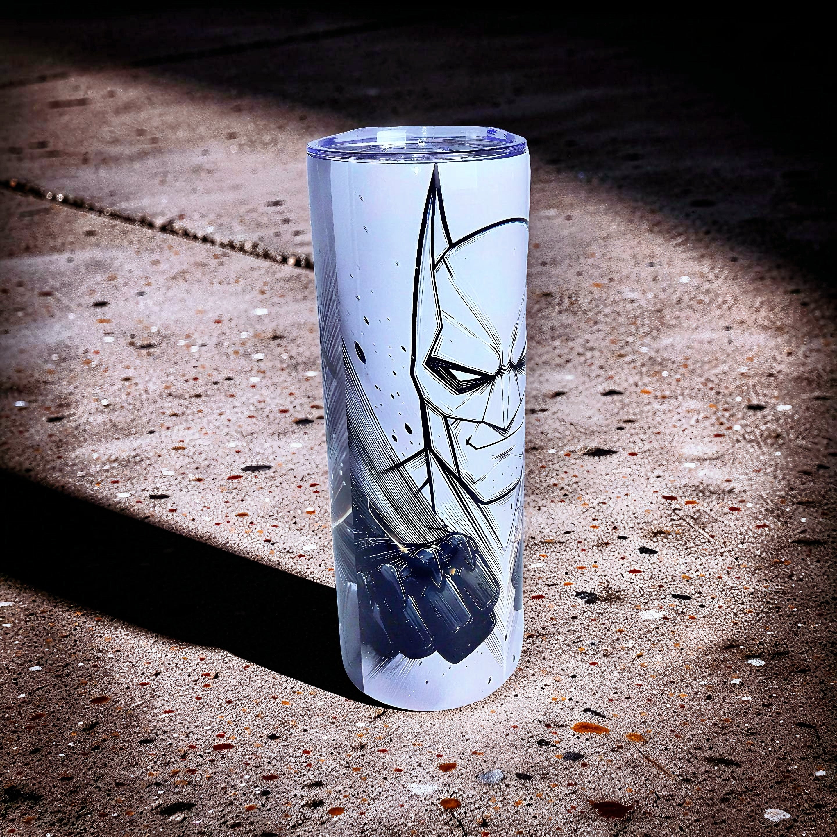 Shadow Vigilante – Monochrome Hero 20oz Skinny Tumbler | Dark Comic Style |