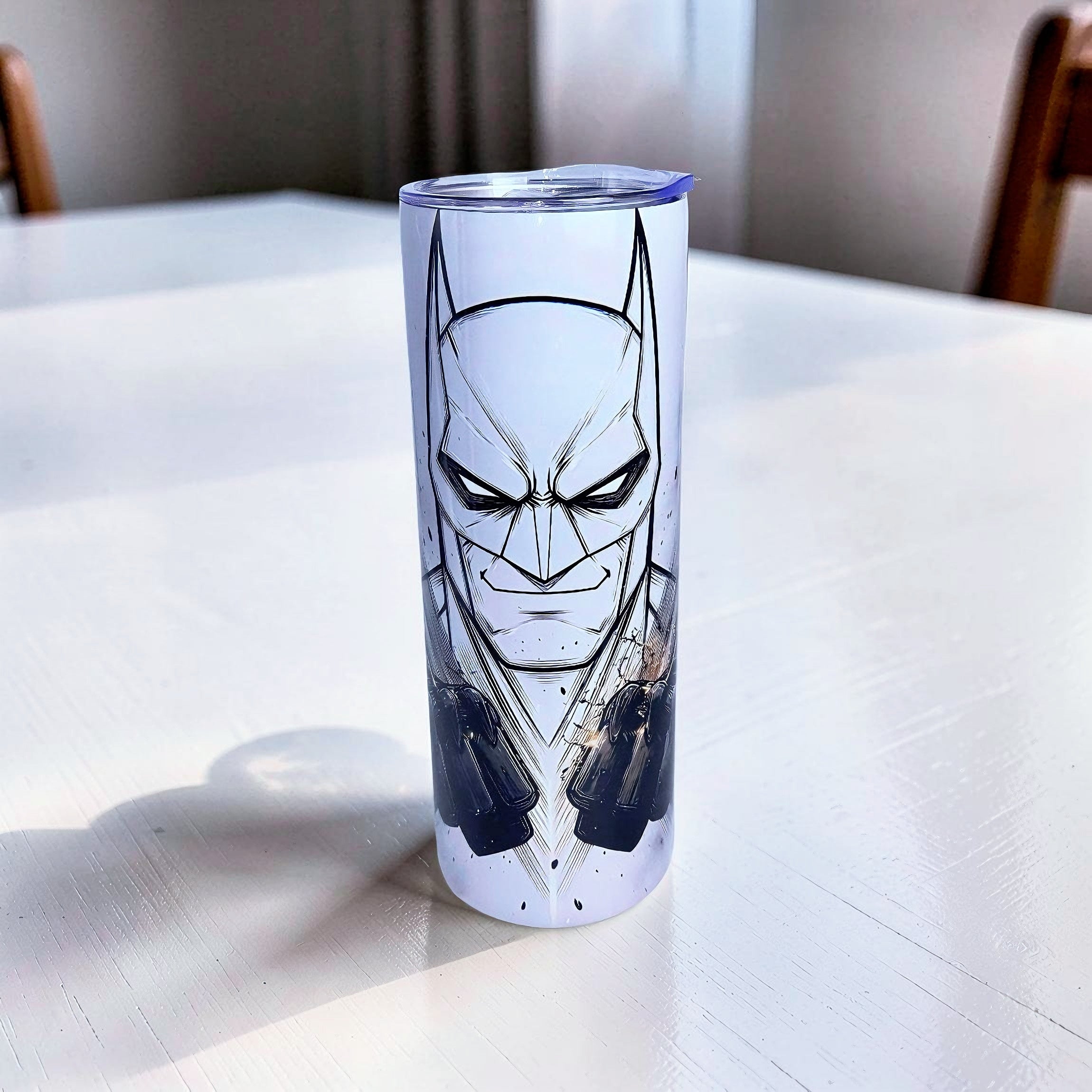Shadow Vigilante – Monochrome Hero 20oz Skinny Tumbler | Dark Comic Style |