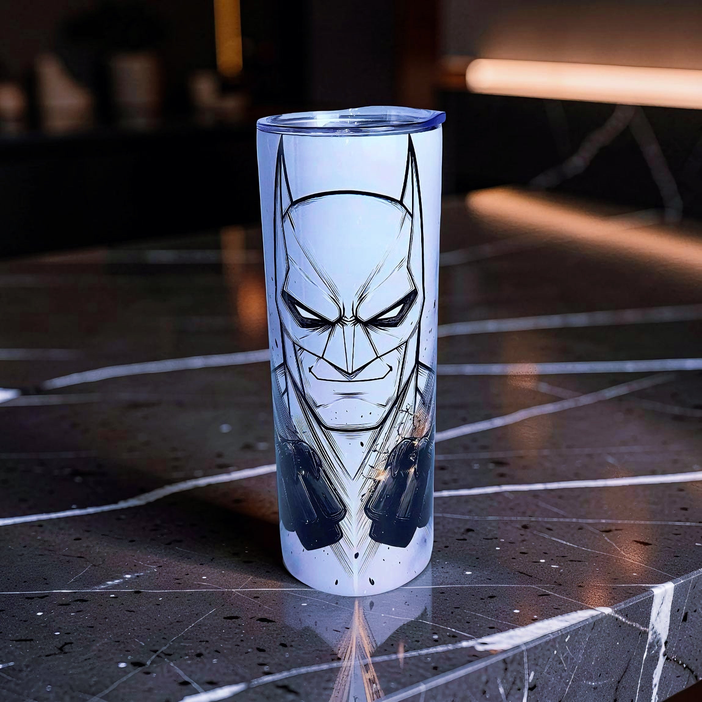 Shadow Vigilante – Monochrome Hero 20oz Skinny Tumbler | Dark Comic Style |