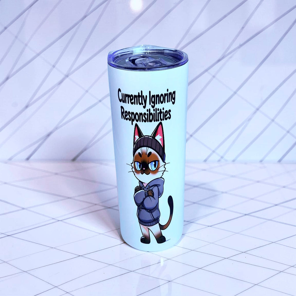 🐱 Currently Ignoring Responsibilities – Mood Edition 20oz Skinny Stainless Steel Tumbler | By MpressPrintz