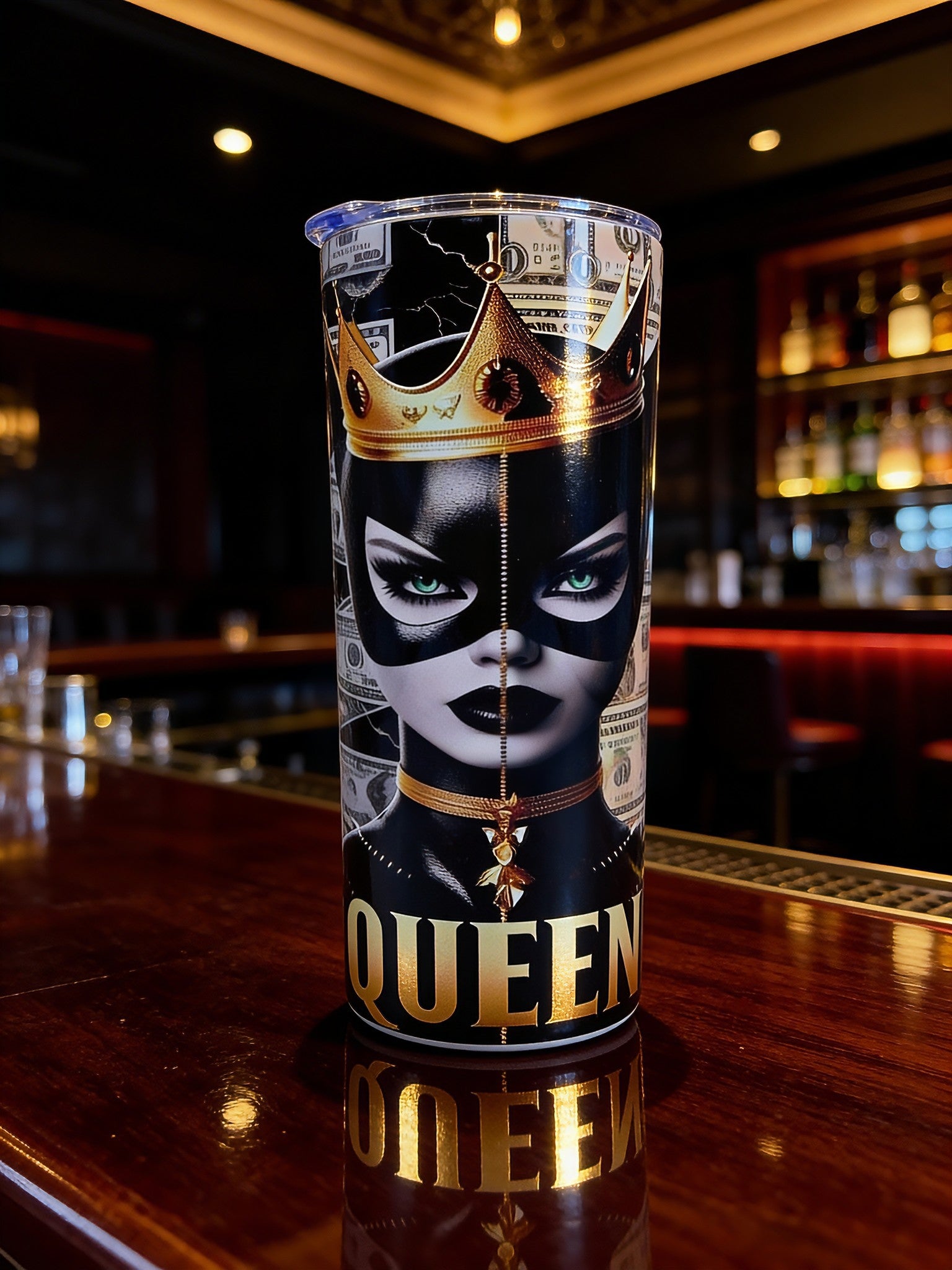 Queen Money Crown 20oz Skinny Tumbler – Luxury Black & Gold Glam Design | MpressPrintz Exclusive
