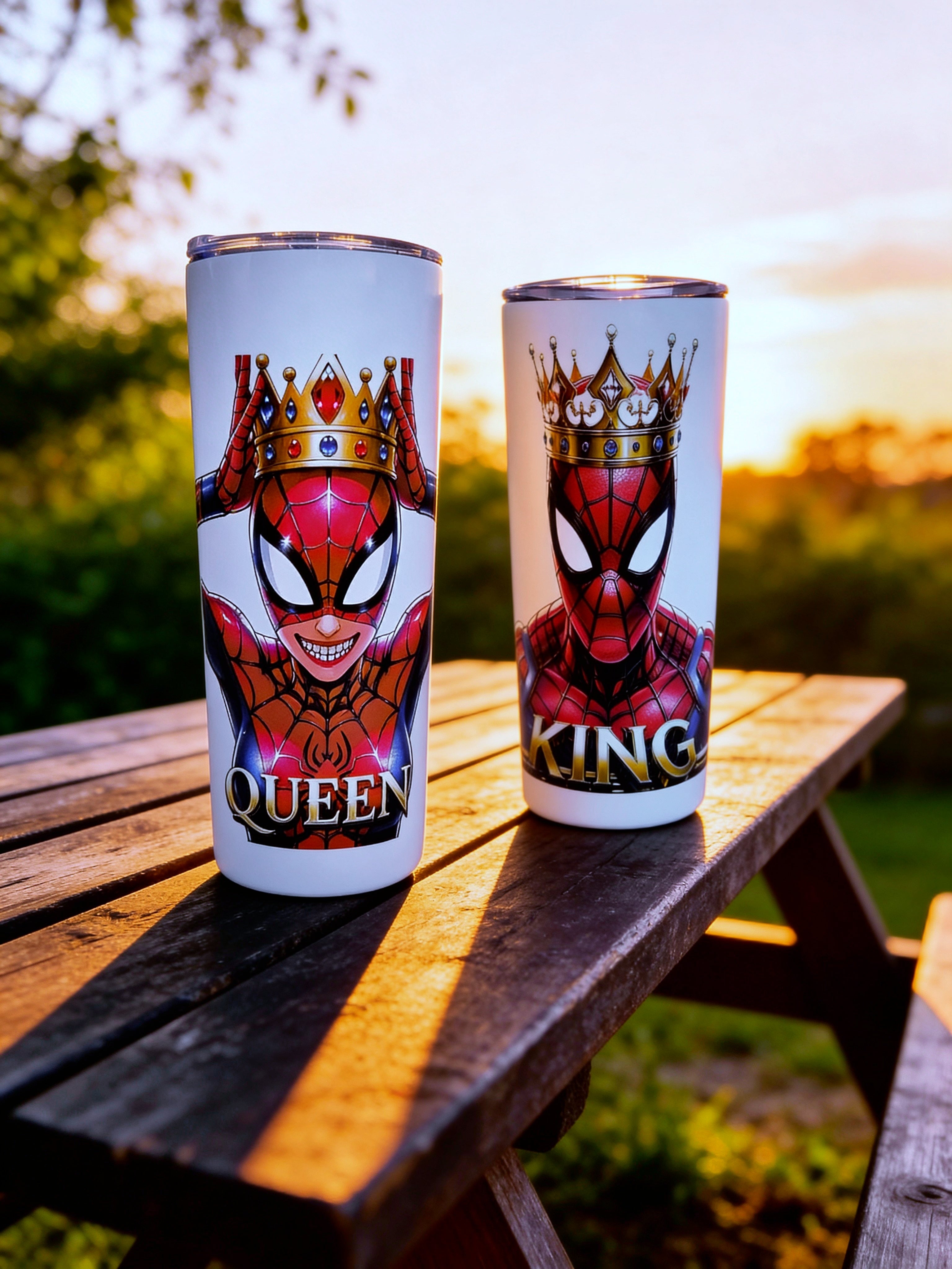 King & Queen Web Royalty 20oz Skinny Tumbler Set (2-Pack) – Crowned Hero Design + Metal Straws | MpressPrintz