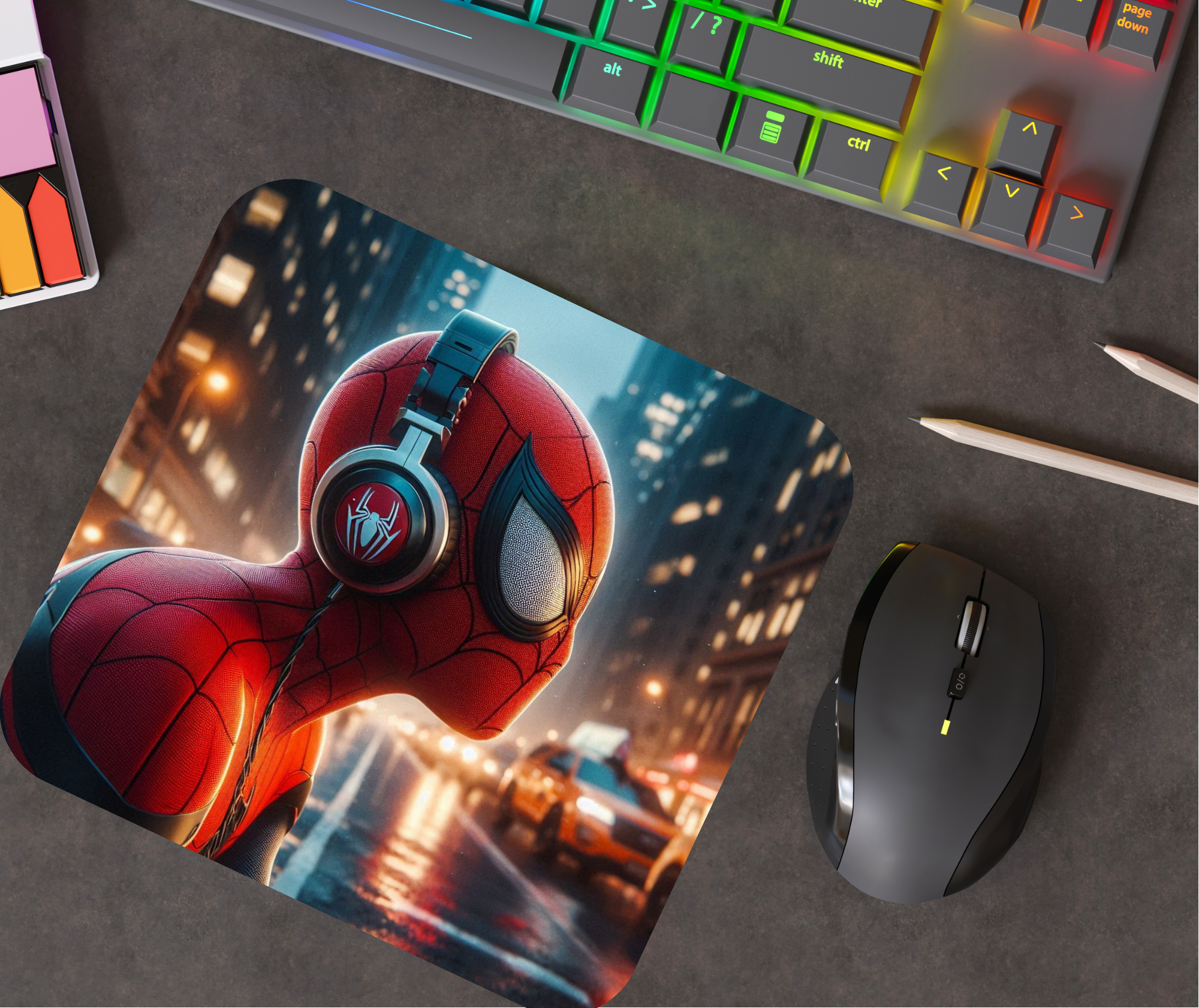 Spiderman with headphones mousepad